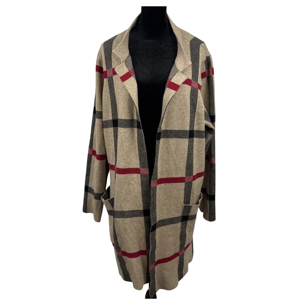 Tahari Long Tan Red Plaid Duster Cardigan Coatigan Luxe Sweater 2X